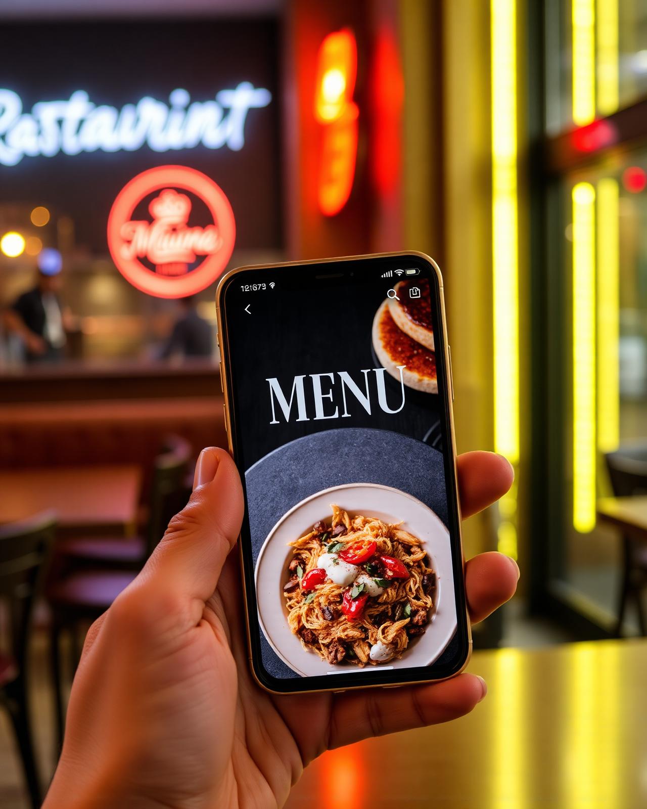 Menu mobile davanti al neon della trattoria