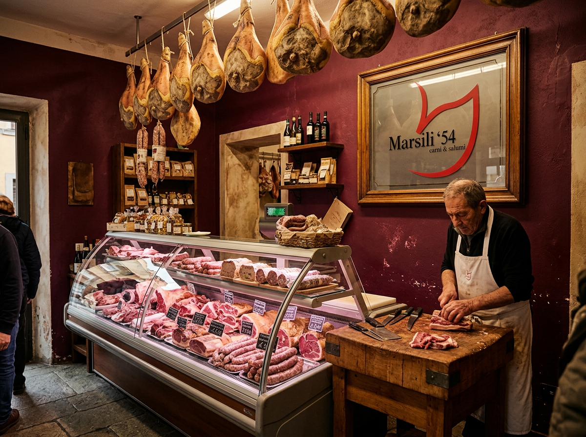 Interno della macelleria Marsili 54 con banco e prosciutti appesi