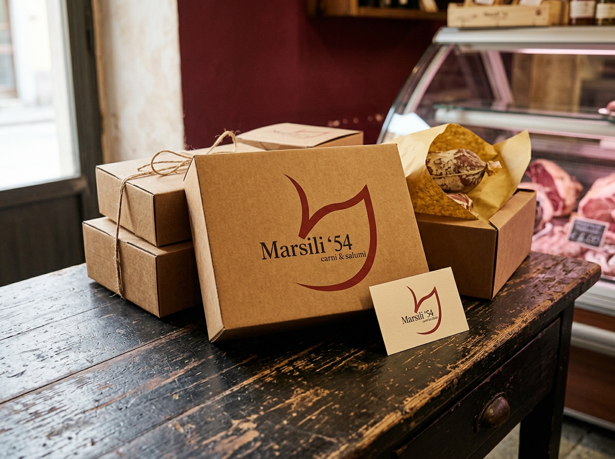 Scatole e biglietti da visita Marsili 54 sul banco della macelleria