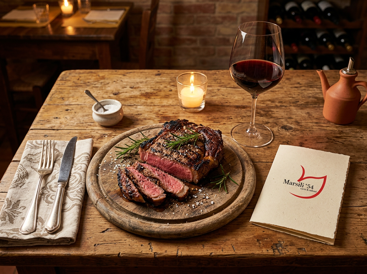 Tagliata servita al tavolo con menu Marsili 54