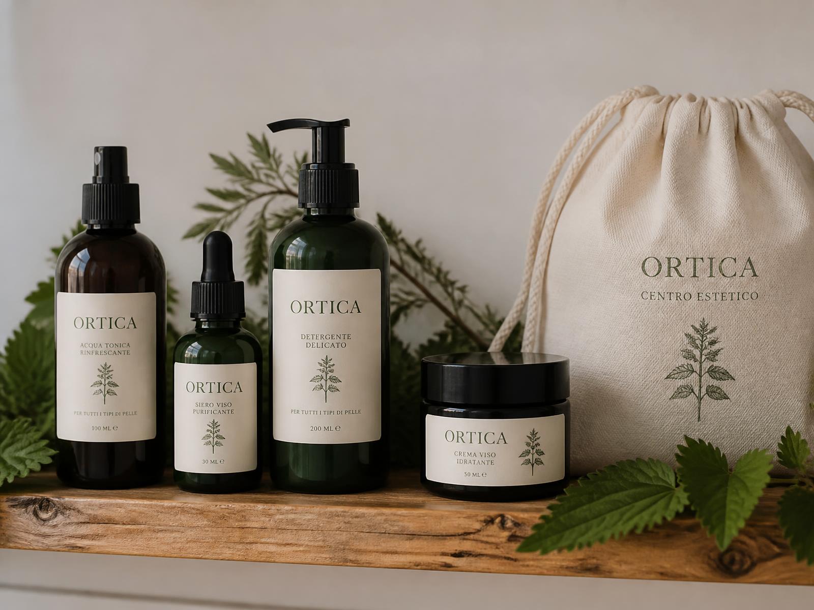 Linea di cosmetici Ortica in vetro ambrato e verde con sacchetto in cotone