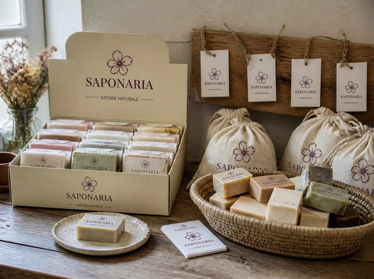 Espositore, sacchetti in cotone e saponette Saponaria nel punto vendita
