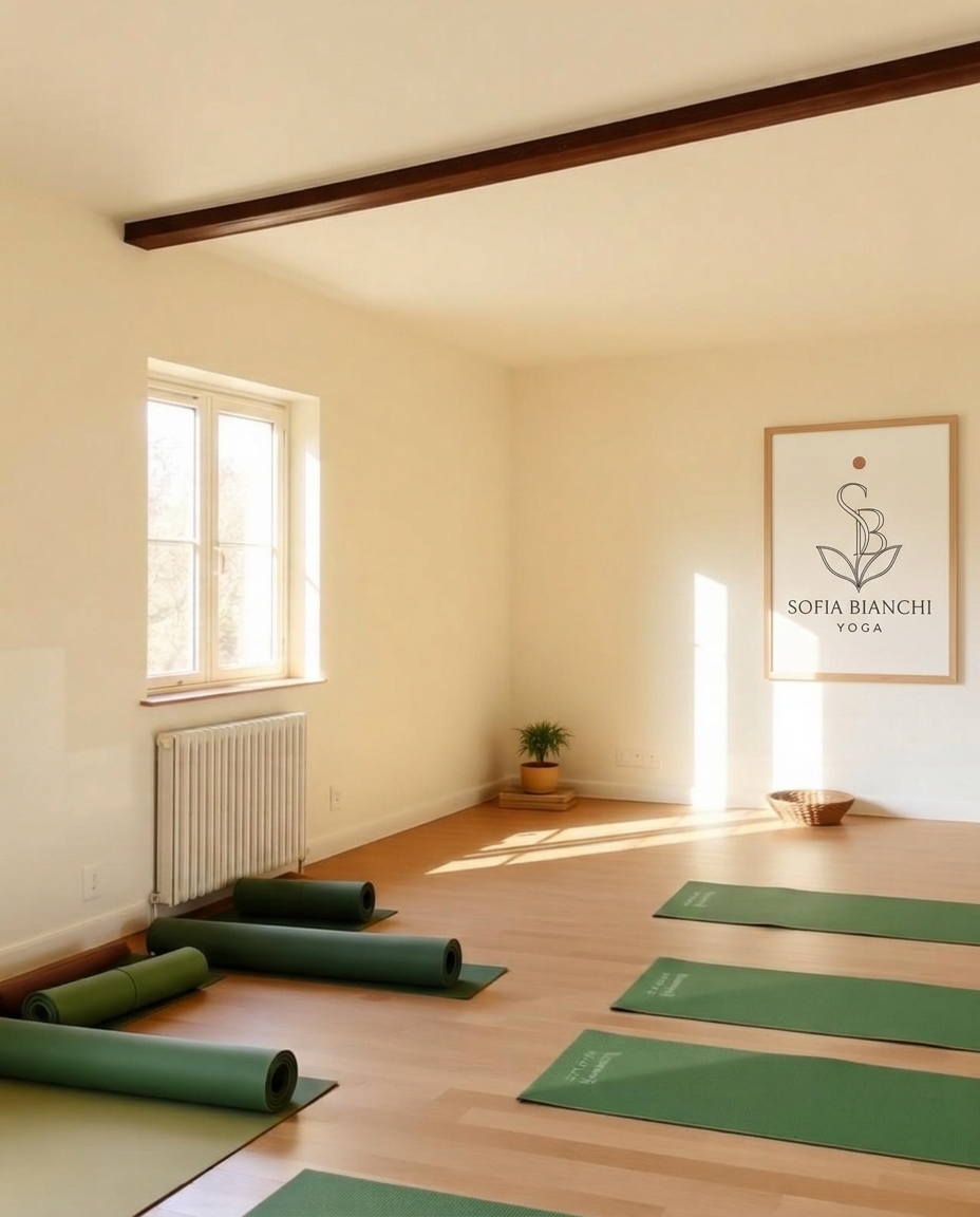 Interno della sala yoga con poster brandizzato